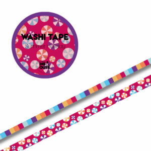 Studio Ins & Outs - Set Van 2 Washi Tapes - Holiday '25 - Masking Tape met Strandballen en Kleurenblokken - 0,5 cm & 1 cm - Zomerse Print in Fuchsia, Oranje, Aqua & Paars