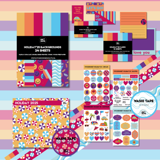 Studio Ins & Outs - Invulboek En Plakboek Materialen - Holiday'25 - Scrapbook Pakket - Journaling Set - Papier, Stickers, Washi Tape, Schrijfkaartjes - Zomerse Prints & Strandvibes