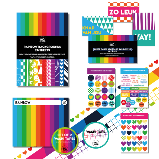 Studio Ins & Outs - Rainbow 2.0 - Complete Creatieve Set - Scrapbook & Journaling Pakket met Washi Tapes, Stickers, Quotes & Paperpad - Regenboog Kleurenmix