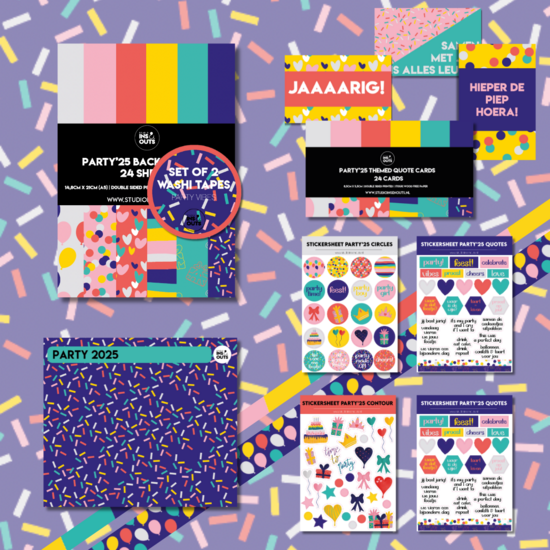 Studio Ins & Outs - Party’25 - Complete Creatieve Set - Washi Tapes & Stickers - Scrapbooking & Journaling - Vrolijke Feestkleuren & Confetti